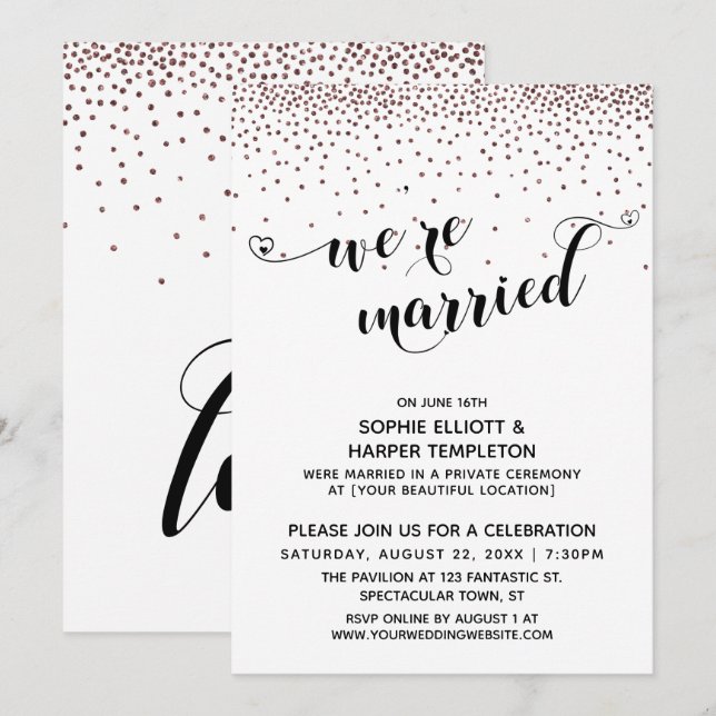 Convites Casados Script Confete Rosa Dourado para Recepção (Frente/Verso)