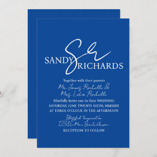 Convites Casais Casamento de Script Branco Azul Monograma