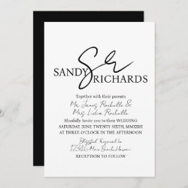 Convites Casais Casamento de Script Branco Preto Monograma