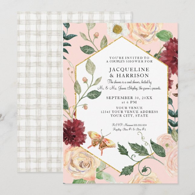 Convites Casais Chá Aquarela Blush Coral Arte Floral (Frente/Verso)