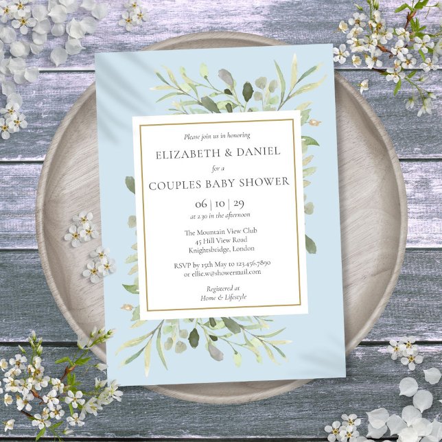 Convites Casais Chá de fraldas Azul Eucalyptus Greenery (Couples Baby Shower Blue Eucalyptus Greenery Invitation)