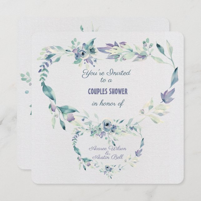 Convites Casais Chá Flores Azuis de Aquarela Quadro (Frente/Verso)