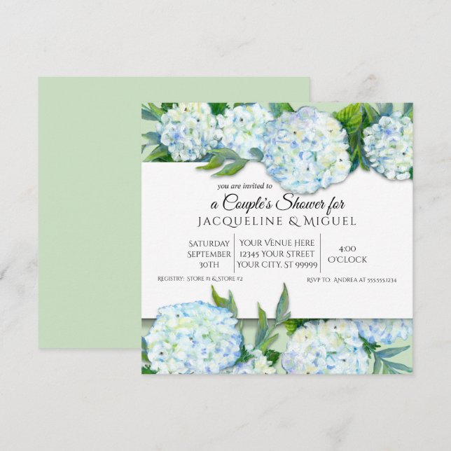 Convites Casais Chá Mint Green n White Hydrangea Floral (Frente/Verso)