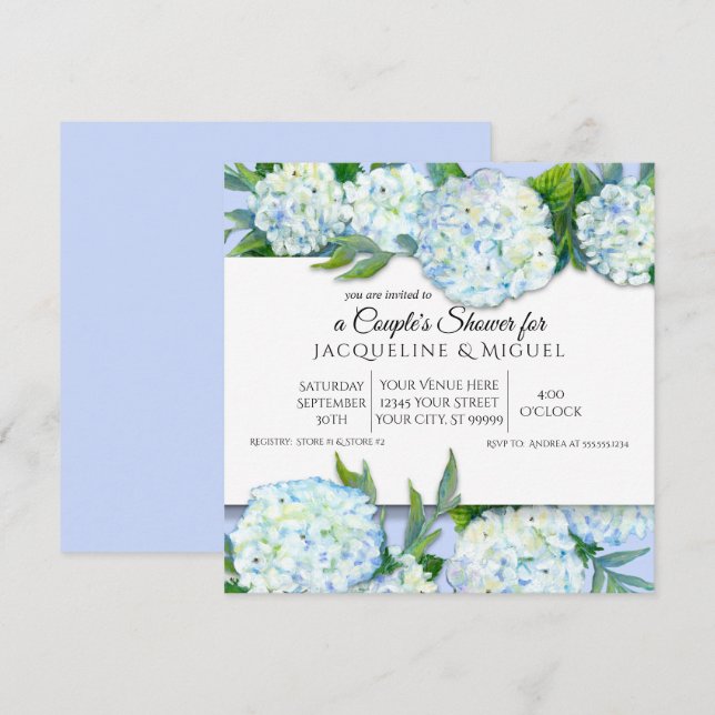 Convites Casais Chá Periwinkn White Hydrangea Floral (Frente/Verso)