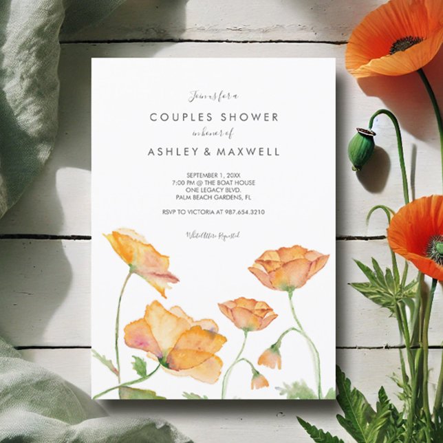 Convites Casais Chás Cápsulas de Aquarela Floral Laranja La (Couples shower invitations watercolor orange poppy flowers by Victoria Grigaliunas Do Tell A Belle)