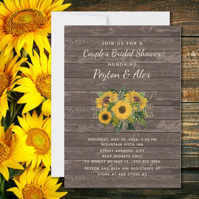 Convites Casais Chás de panela Madeira russa Girassóis (Sunflowers on rustic wood couples bridal shower invitation)