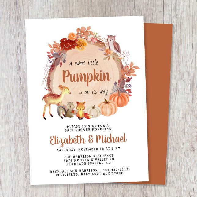 Convites Casais de abóbora de animais de madeira (Celebrate the upcoming arrival of your sweet little autumn baby with a pumpkin-themed baby shower)