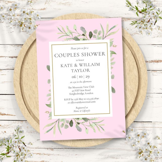 Convites Casais de água verde Chá de menina rosa (Watercolor Greenery Couples Pink Baby Girl Shower Invitation)