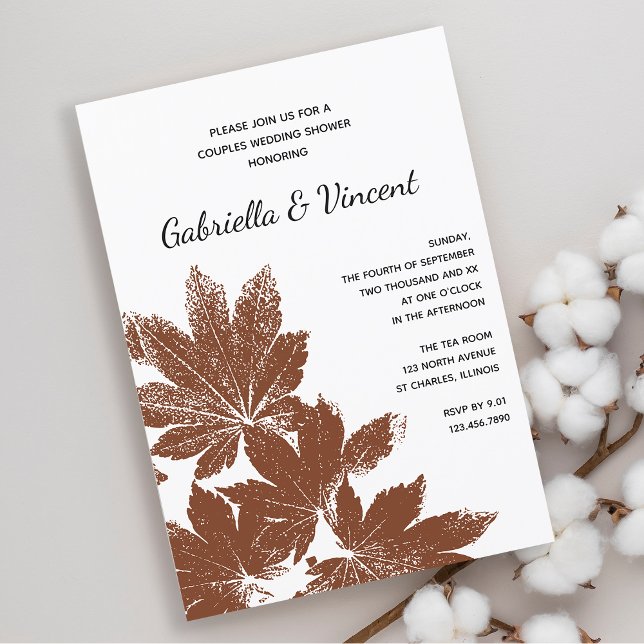 Convites Casais de Carimbo de Folha Castanha Chá de casamen (Fall in Love with this woodland Autumn leaves wedding shower invitation.)