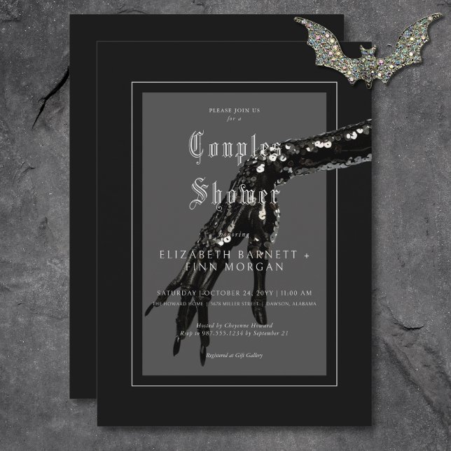 Convites Casais de Mão Preta Escuro para Sequência Preta Ch (Dark Gothic Black Sequin Hand Couples Shower Invitation)