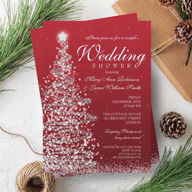 Convites Casais de Natal Chá Red Silver (Christmas Couples Shower Red Silver Invitation)