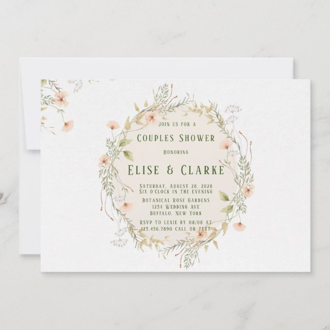 Convites Casais de Pêssego e Flores Selvagens Verdes (Frente)