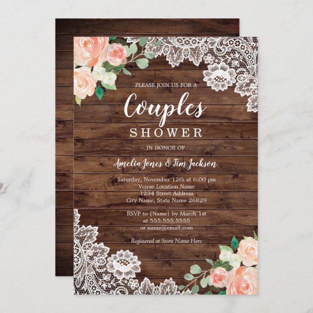 Convites Casais de rendas de madeira com Russo Floral Chá d (Frente/Verso)