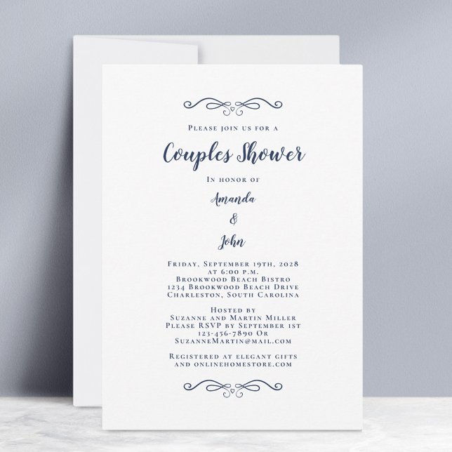 Convites Casais Festa de casamento Chá clássico Marinho azu (Couples Shower Wedding Party Classic Navy Blue Invitation)