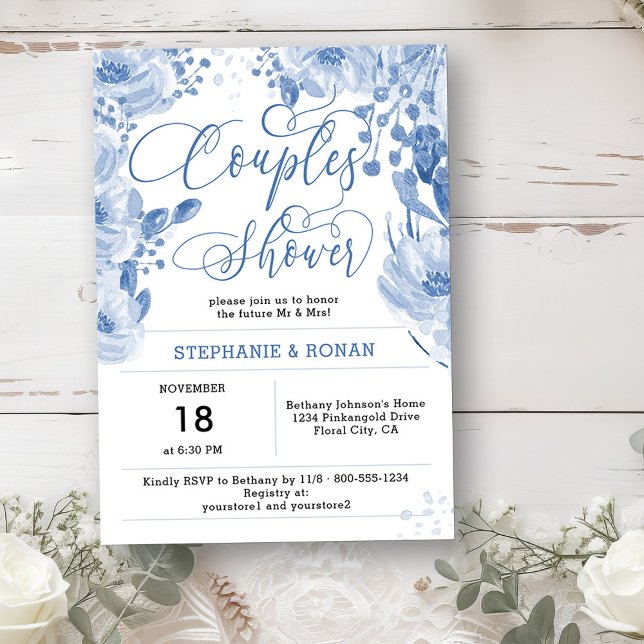 Convites Casais Florais Azuis Elegante Chá (Couples Shower Invitation from my Dusty Blue Watercolor Floral Bridal Shower)