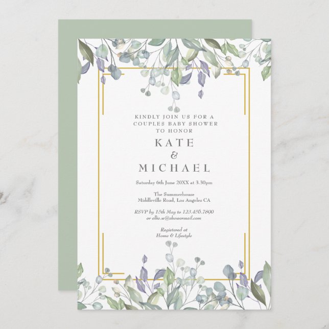 Convites Casais Florais de Aquarela Chá de fraldas/Sprinkle (Frente/Verso)