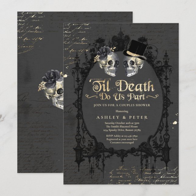 Convites Casais Halloween Chá Noivado Crânio Gótico (Frente/Verso)