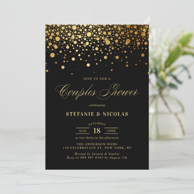 Convites Casais Pretos de Faux Gold Foil Confetti (Em pé/Frente)