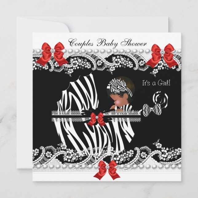 Convites Casal Afro-Americano Chá de Bebê Menina Zebra (Frente)