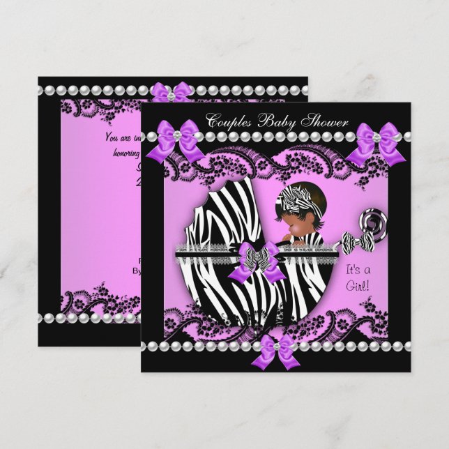 Convites Casal Afro-Americano Chá de Bebê Menina Zebra (Frente/Verso)