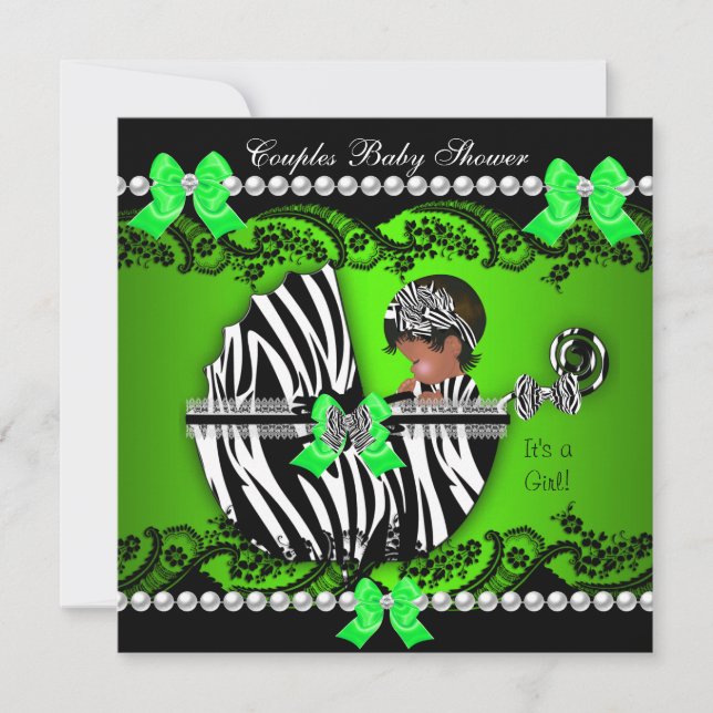 Convites Casal Afro-Americano Chá de Bebê Menina Zebra (Frente)