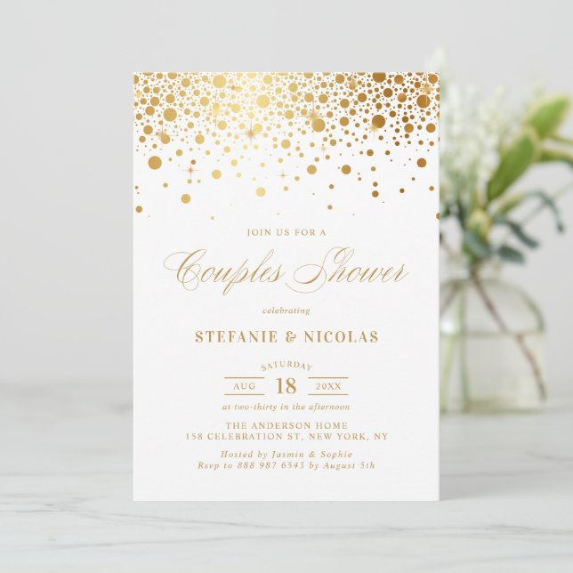 Convites Casal Branco Faux Gold Foil Confetti (Em pé/Frente)