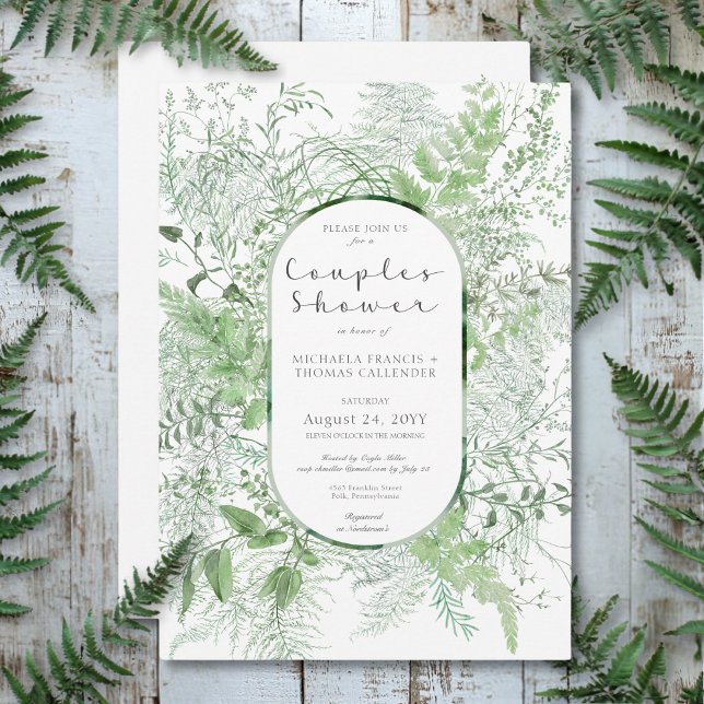 Convites Casal Branco Rustic Fern Green Foliage Chá (Rustic Fern Green Foliage White Couples Shower Invitation)