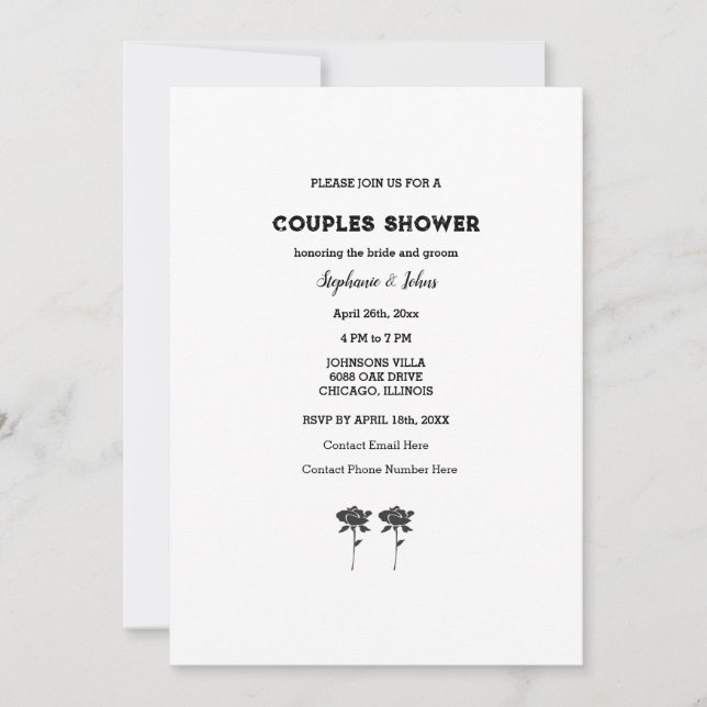 Convites Casal Chá Branco Floral Simples Casamento Preto (Frente)