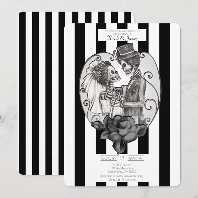 Convites Casal de Amor Esqueleto Dança de Casamento Gótico (Frente/Verso)
