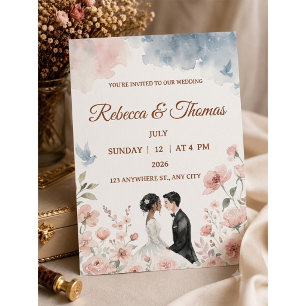 Convites Casal de Aquarela Romântica & Casamento Floral