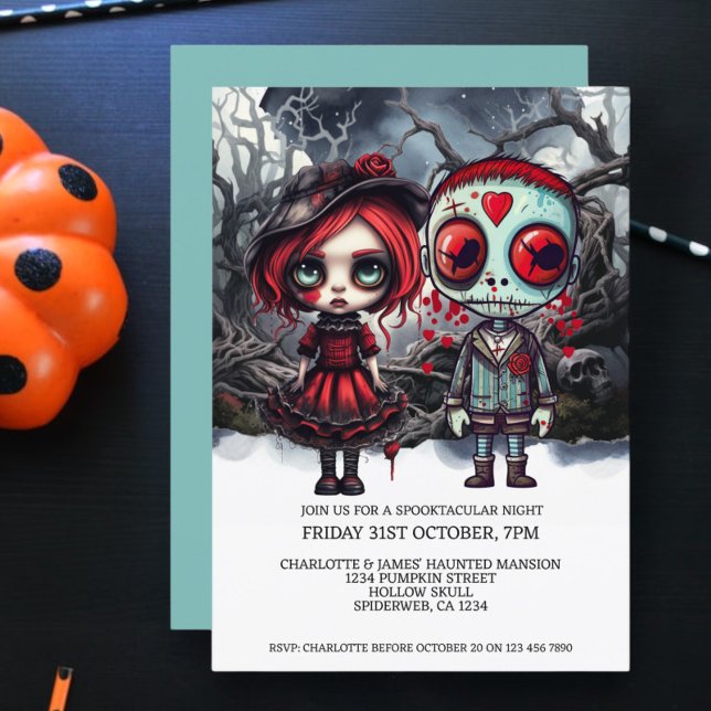 Convites Casal De Boneca Assustadora Do Halloween Em Woods (Halloween Scary Doll Couple In Woods Invitation from Ricaso. Dead dolls Halloween party.)