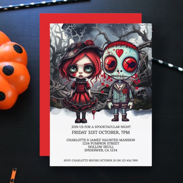 Convites Casal De Boneca Assustadora Do Halloween Em Woods (Halloween Scary Doll Couple In Woods Invitation from Ricaso. Cute but haunting toy dolls in forest.)