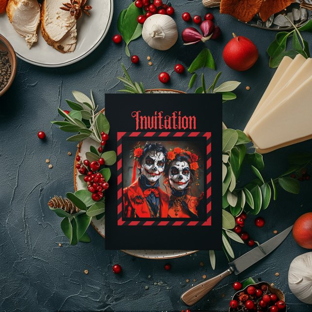 Convites Casal de caricatura vermelho e preto no Dia de los (Criador carregado)