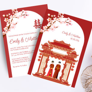 Convites Casal de casamento chinês vermelho templo flor de