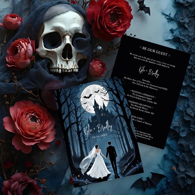 Convites Casal De Casamento Floresta Spooky Em Direção Ao C (Wedding Couple in Spooky Forest Toward Haunted Castle Invitations Cards.)