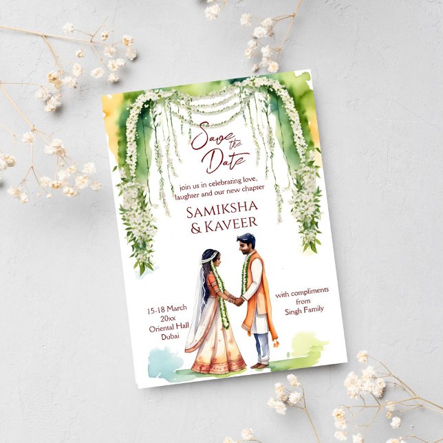 Convites casal de casamento indiano salve a data sob jasmim (Indian wedding save the date template invitation instant download Indian bridal couple cartoon gajra)
