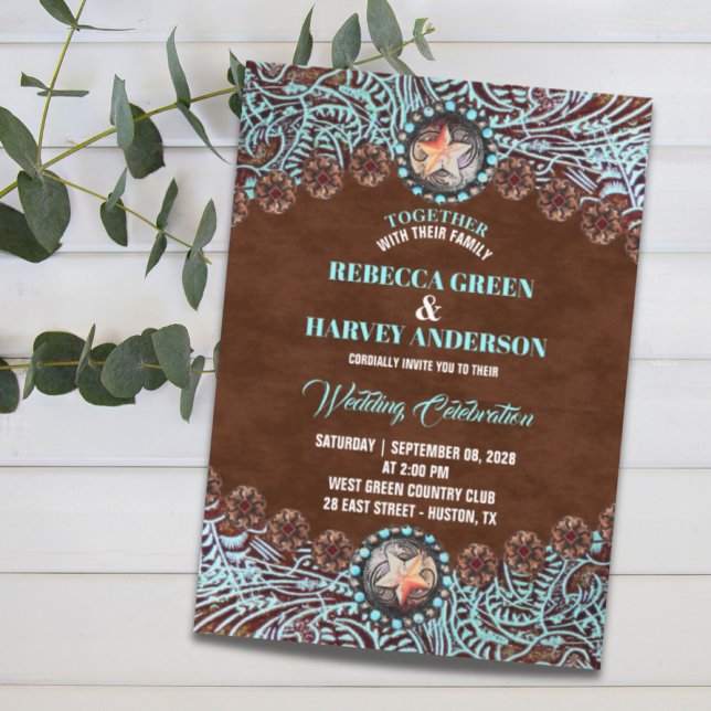 Convites casal de couros e peles castanhos turquesa (turquoise brown leather country western wedding invitation)