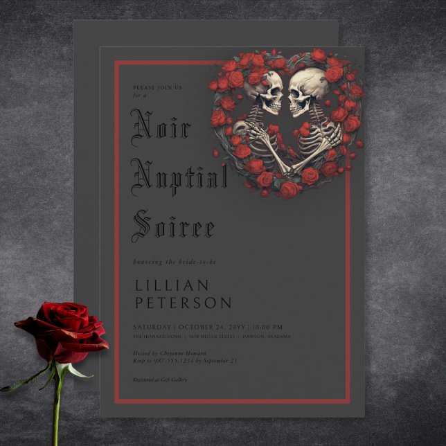 Convites Casal de esqueleto gótico escuro Chá de panela pre (Dark Gothic Skeleton Couple Black Bridal Shower Invitation)