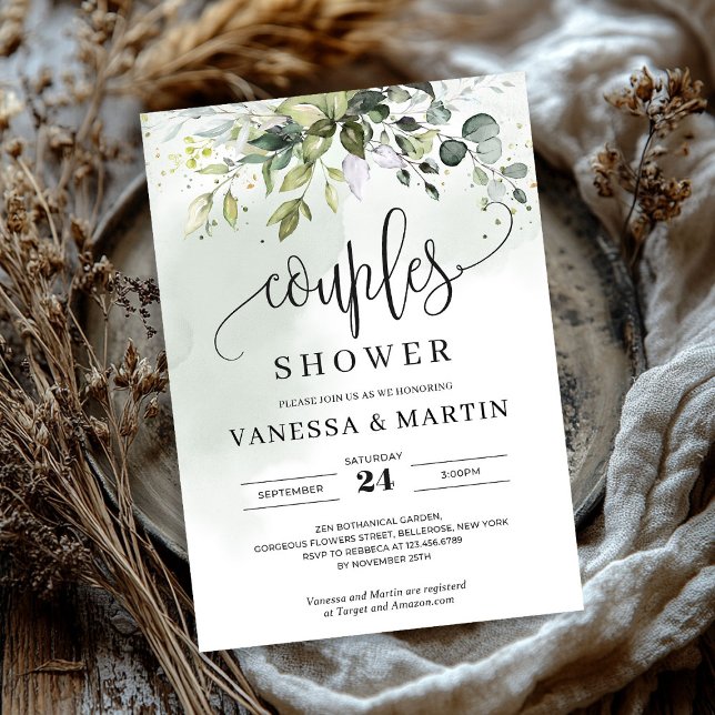 Convites Casal de eucalipto com folhagem verde-russa (Rustic greenery foliage eucalyptus couples shower invitation)