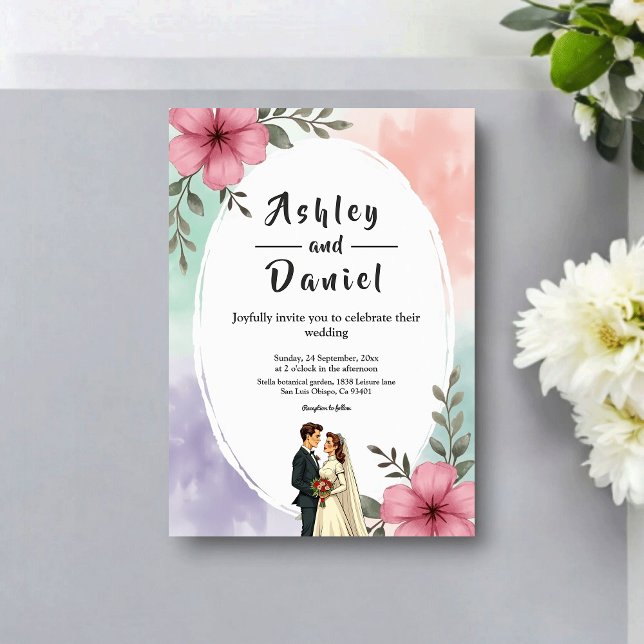 Convites Casal de Flores Rosa Aquarela Casamento Boho Verão (Criador carregado)