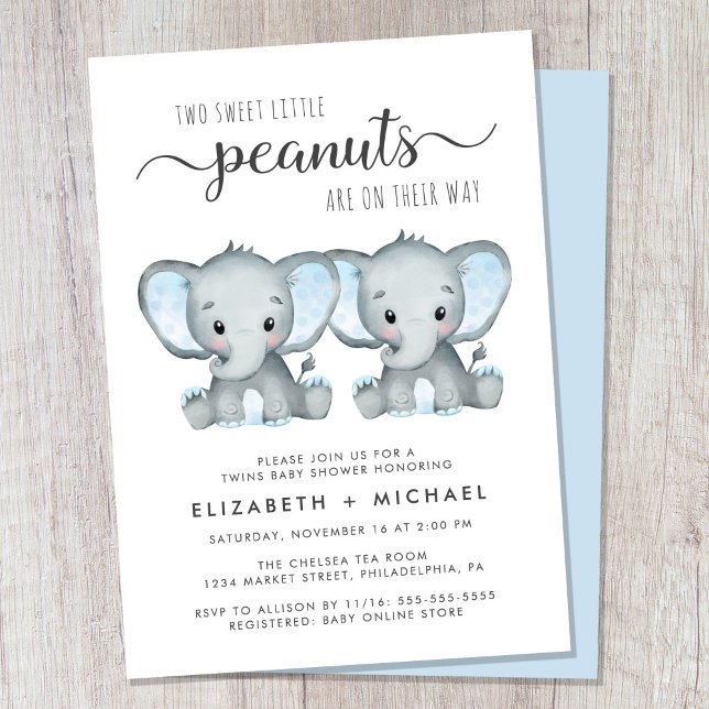 Convites Casal de gêmeos elefantes (Cute twin boys couples baby shower invitation)