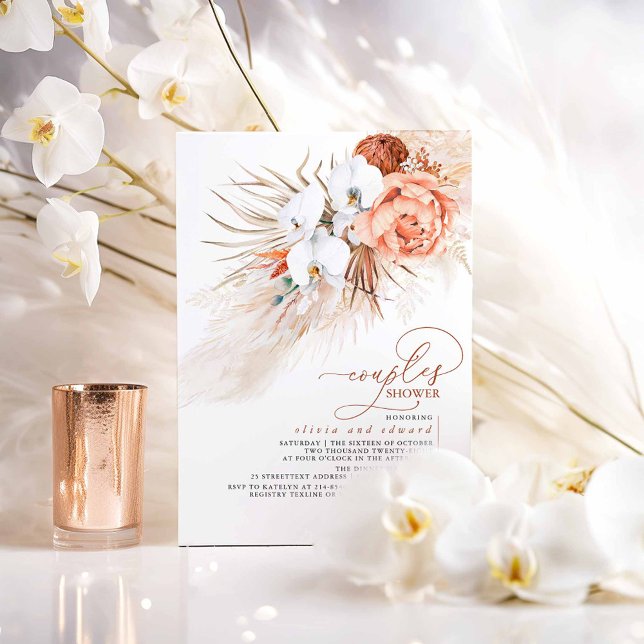 Convites Casal de Grass de Terracotta Floral Pampas (Boho Exotic Couples Shower Terracotta Invites)