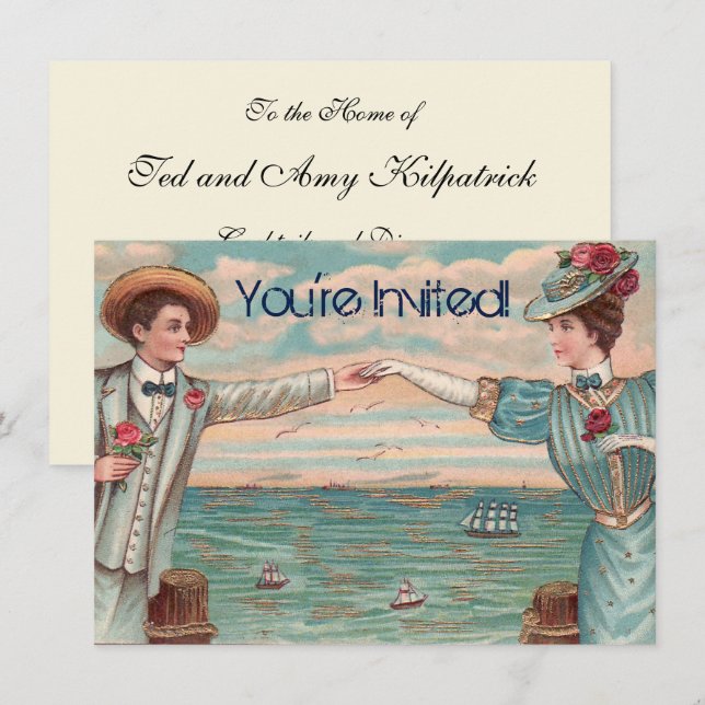 Convites Casal de Noiva de Praia Vitoriana Roupas de Oceano (Frente/Verso)