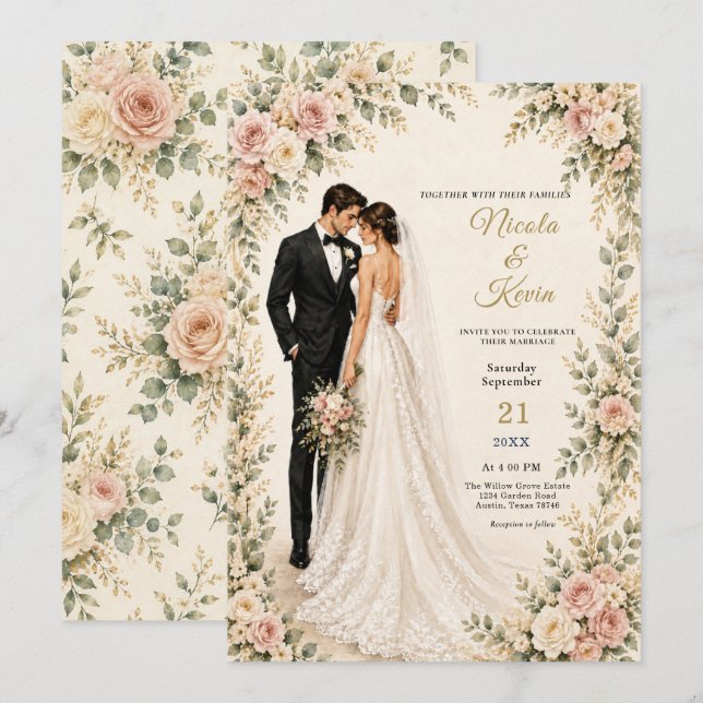 Convites Casal de Noiva Floral de Outono (Frente/Verso)