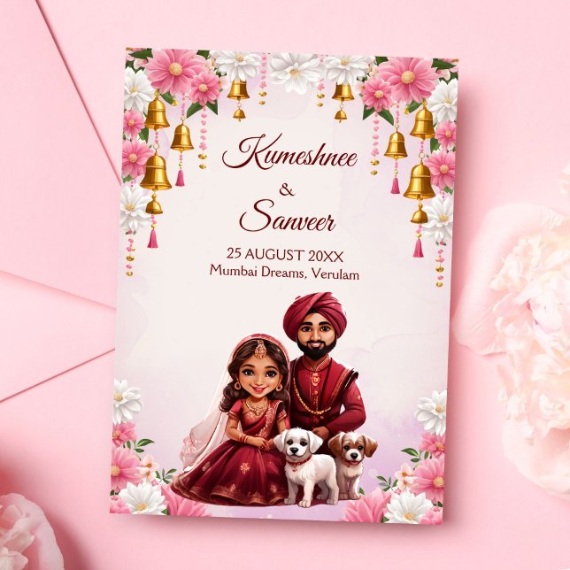 Convites Casal de noiva indiana com caricatura de cães (Indian bridal couple with cute puppies dogs caricature wedding invitation editable template )