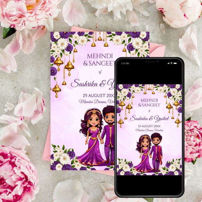 Convites Casal de noiva roxa Mehndi (Indian wedding Mehndi Sangeet purple  gold bells cute bridal couple cartoon Invitation template)