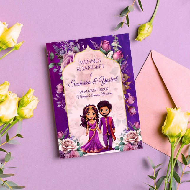 Convites Casal de noiva roxa Mehndi (Indian wedding Mehndi Sangeet purple cute bridal couple caricature Invitation template download)