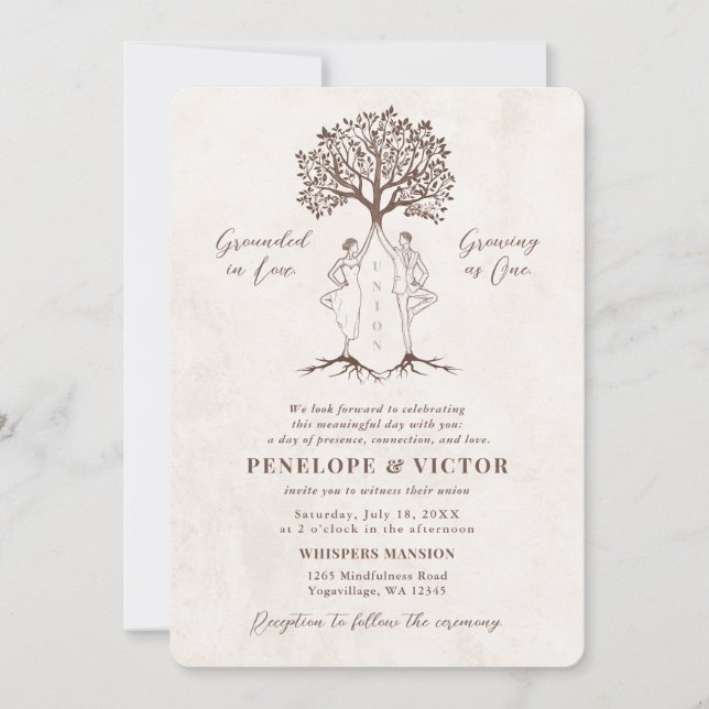 Convites Casal de Yoga União - Pose da Árvore Mindfulness (Frente)