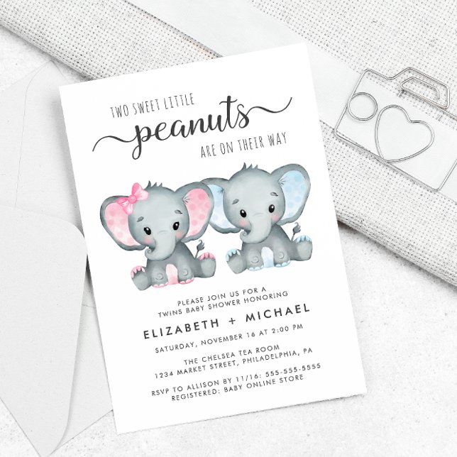 Convites Casal Elefante Twin Girl (Criador carregado)