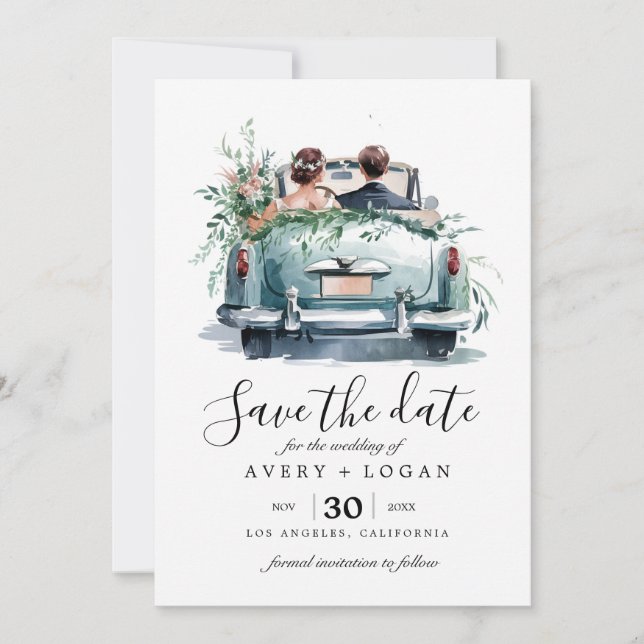 Convites casal em carro antigo aquarela save the date (Frente)